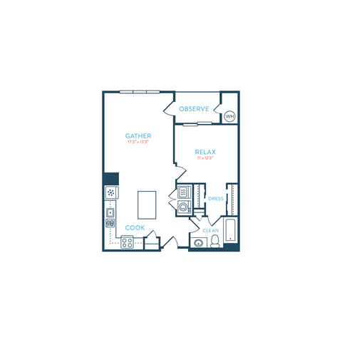 Floor plan for 1 bed, 1 bath, 814 sqft